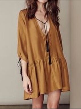 For Love & Lemons Monterey Silk Mini Dress Old Gold Medium Babydoll Hem Flowy
